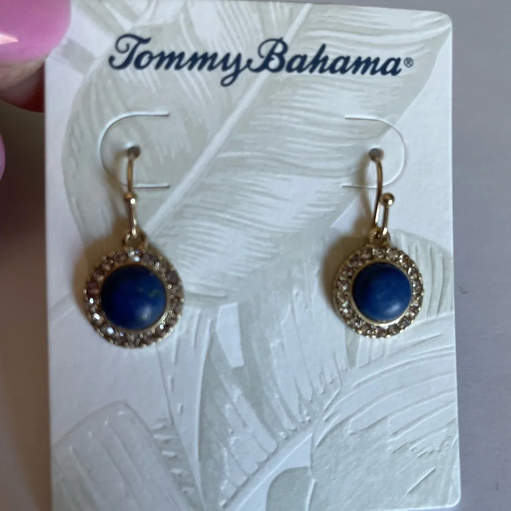 Tommy Bahama Lapis Drop Earrings with Rhinestones~Blue/Gold - Picture 1 of 3